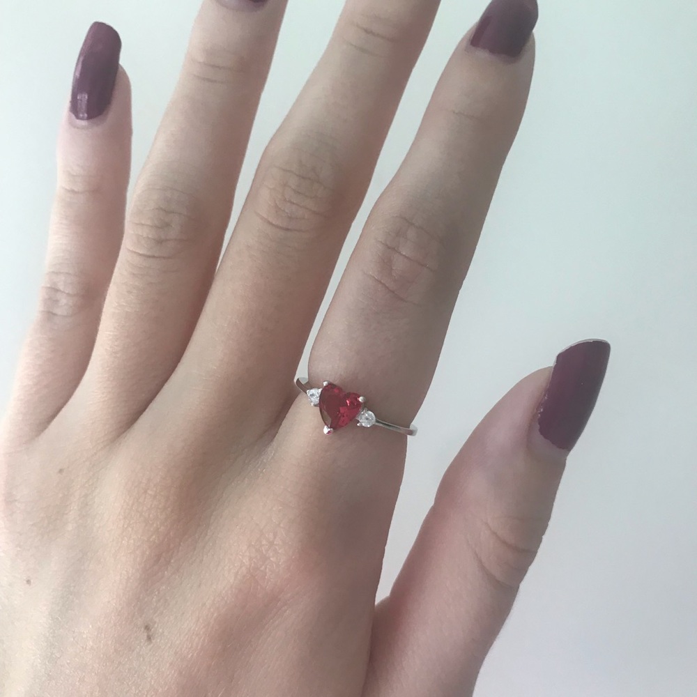 .925 Sterling Silver Red Ruby Heart Ring - Picture 5 of 7